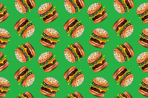 Bezszwowe wzór z junk Fast food rysunek przez akwarela, malarstwo artystyczne tło, ręcznie rysowane ilustracji. Pizza i Burger zestaw — Zdjęcie stockowe