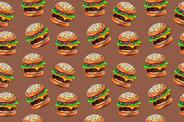 Bezszwowe wzór z junk Fast food rysunek przez akwarela, malarstwo artystyczne tło, ręcznie rysowane ilustracji. Pizza i Burger zestaw — Zdjęcie stockowe