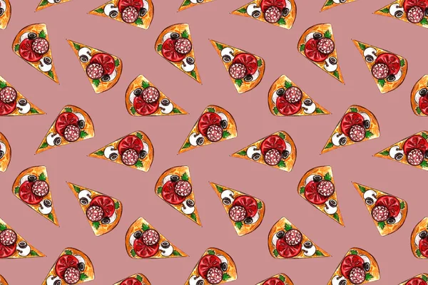 Nahtlose Muster mit Junk-Fast-Food-Zeichnung per Aquarell, künstlerische Malerei Hintergrund, handgezeichnete Illustration. Pizza und Burger Set — Stockfoto