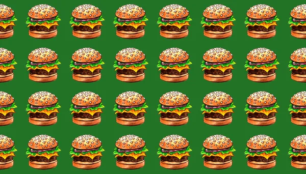 Bezproblémový vzor s výkresem rychlého občerstvení, kreslený akvarel, umělecké malířské pozadí, kreslené ilustrace. Pizza a Burger set — Stock fotografie