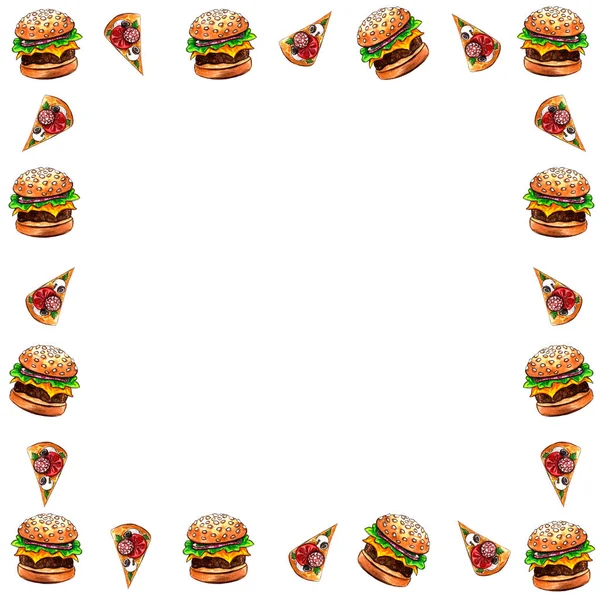 Motif sans couture avec dessin junk fast food par aquarelle, fond de peinture artistique, illustration dessinée à la main. ensemble pizza et hamburger — Photo