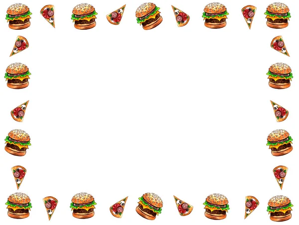 Pola mulus dengan junk fast food gambar dengan cat air, lukisan artistik latar belakang, gambar tangan ilustrasi. Set pizza dan burger — Stok Foto