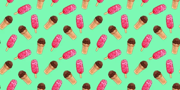 Varrat nélküli fagylalt-mintázat. Akvarell kézzel rajzolt strand nyári nyomtatni szokatlan színek jégkrém és fagylalt egy Waffle kupa háttérben. Élelmiszer-Print. Szövet, papír, fedél, web, keret — Stock Fotó