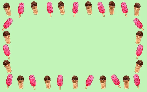 Seamless ice-cream pattern. Watercolor hand drawn summer beach print in unusual colors with ice lolly and Ice cream in a waffle cup background. Food print. Fabric, paper, cover, web, frame — Stock Photo, Image