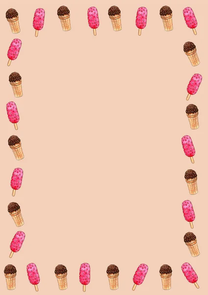 원활한 아이스크림 패턴. 와플 컵 배경에 아이스 롤리와 아이스크림 특이한 색상의 수채화 손으로 그린 여름 해변 인쇄. 음식 인쇄. 직물, 종이, 덮개, 웹, 프레임 — 스톡 사진