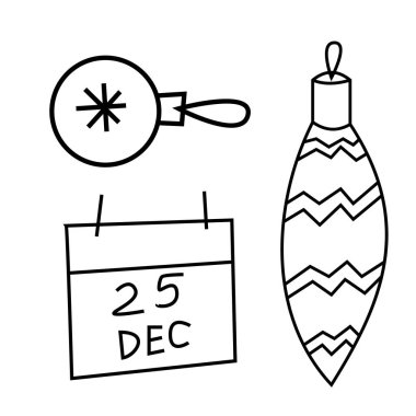 Noel ve Yeni Yıl kış simgeleri: ince tek renkli simge seti, siyah ve beyaz kiti. Mutlu, tatil, crlrbration