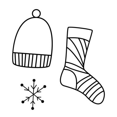 Noel ve Yeni Yıl kış simgeleri: ince tek renkli simge seti, siyah ve beyaz kiti. Mutlu, tatil, crlrbration