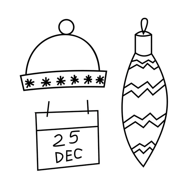 Natale e Capodanno icone invernali: sottile set di icone monocromatiche, kit in bianco e nero. Felice, vacanza, brindare — Vettoriale Stock