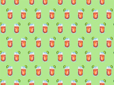 Bir içki ile Dikişsiz suluboya desen, limon, buz, mojito, smoothies ile kokteyl. Meyve limon, portakal. Beyaz arka plan üzerine vintage çizim