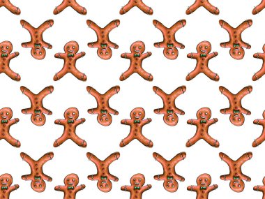 Noel zencefilli çörek dikişsiz desen. Renkli arka planda zencefilli kurabiyeler. Suluboya illüstrasyon. Duvar kağıdı için Sevimli Xmas arka plan, hediye kağıdı, desen dolgular, tekstil, tebrik kartları