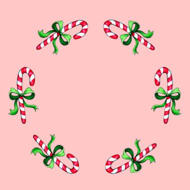 Suluboya Noel zencefilli çörek adam seti, kurabiye, şeker kamışı. Elle çizilmiş set çerçevesi. Kutlama, kartpostal, tebrik