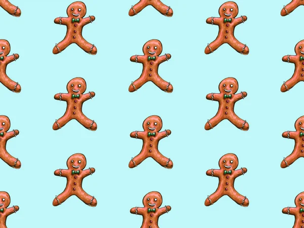 Christmas gingerbread seamless pattern. Ginger cookies on colored background. Watercolor illustration. Cute Xmas background for wallpaper, gift paper, pattern fills, textile, greetings cards — Stock Photo, Image