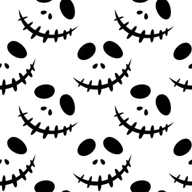 Cadılar Bayramı oyma jak ı ile dikişsiz desen siyah arka plan üzerinde siluetler yüzleri. Not defteri dijital kağıt, tekstil baskı, sayfa dolgu için kullanılabilir. Vektör çizimi