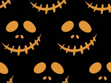 Cadılar Bayramı oyma jak ı ile dikişsiz desen siyah arka plan üzerinde siluetler yüzleri. Not defteri dijital kağıt, tekstil baskı, sayfa dolgu için kullanılabilir. Vektör çizimi