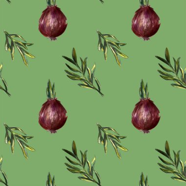 Soğan, biberiye ve sarımsak suluboya çizimler ilerler dikişsiz desen ayarlayın. Sonbahar, sonbahar, hasat. Arka plan tekstili.