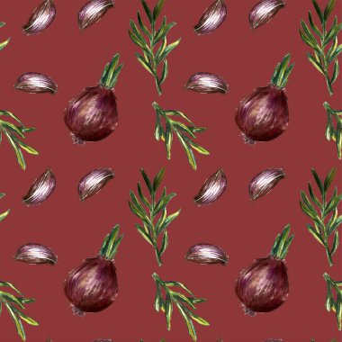 Soğan, biberiye ve sarımsak suluboya çizimler ilerler dikişsiz desen ayarlayın. Sonbahar, sonbahar, hasat. Arka plan tekstili.