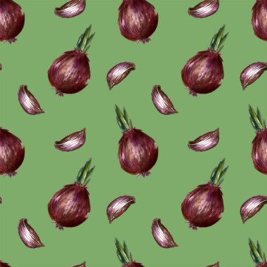 Soğan, biberiye ve sarımsak suluboya çizimler ilerler dikişsiz desen ayarlayın. Sonbahar, sonbahar, hasat. Arka plan tekstili.