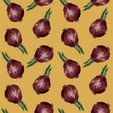 Soğan, biberiye ve sarımsak suluboya çizimler ilerler dikişsiz desen ayarlayın. Sonbahar, sonbahar, hasat. Arka plan tekstili.