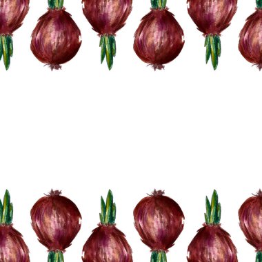 Soğan, biberiye ve sarımsak suluboya çizimler çerçeve ayarlayın. Sonbahar, sonbahar, hasat. Arka plan tekstili.