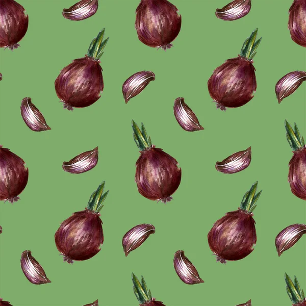 Soğan, biberiye ve sarımsak suluboya çizimler ilerler dikişsiz desen ayarlayın. Sonbahar, sonbahar, hasat. Arka plan tekstili.