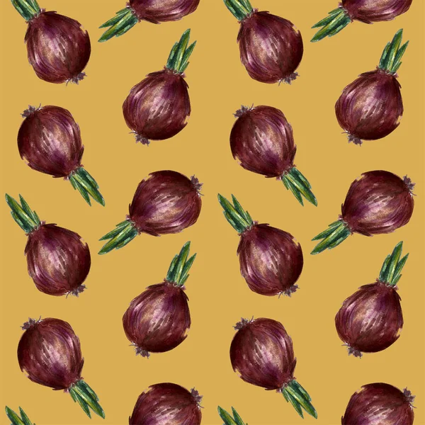 Soğan, biberiye ve sarımsak suluboya çizimler ilerler dikişsiz desen ayarlayın. Sonbahar, sonbahar, hasat. Arka plan tekstili.