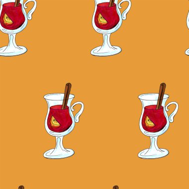 Suluboya el sıcak kakao mulled şarap glogg bir fincan illüstrasyon çizilmiş. Noel rahat içecek arka plan seti çerçeve. Tekstil, hediyelik kağıt, scrupbooking için