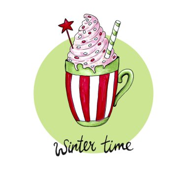 Suluboya el sıcak kakao mulled şarap glogg bir fincan illüstrasyon çizilmiş. Noel rahat içecek arka plan seti çerçeve. Tekstil, hediyelik kağıt, scrupbooking için