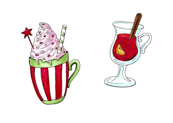 Aquarell handgezeichnete Illustration einer Tasse heißen Kakao Glühwein glogg. Weihnachten gemütlichen Drink Hintergrund gesetzt Rahmen. für Textilien, Geschenkpapier, Skrupellosigkeit — Stockfoto