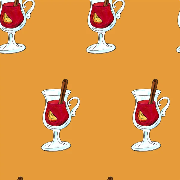 Akvarell kézzel rajzolt illusztrációja egy csésze forró kakaó forralt bor Glogg. Karácsonyi hangulatos ital háttér meghatározott keretben. Textil, ajándékpapír, scrupbooking — Stock Fotó
