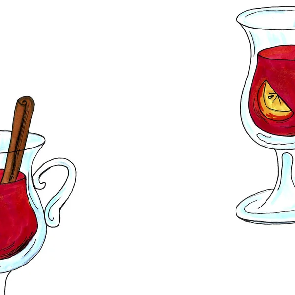 Akvarell kézzel rajzolt illusztrációja egy csésze forró kakaó forralt bor Glogg. Karácsonyi hangulatos ital háttér meghatározott keretben. Textil, ajándékpapír, scrupbooking — Stock Fotó