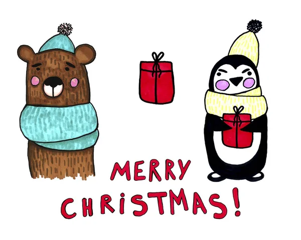 Weihnachten Neujahr handgezeichnete Aquarell-Dekorationsgegenstände über Weiß. Geschenke, Tiere, Bär, Pinguin, Schriftzug. — Stockfoto