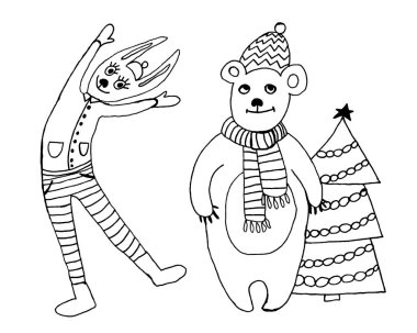 2020 Mutlu Yıllar. Sevimli küçük karikatür oyuncaklar seti. Yeni yıl ve Noel karakterleri. Tebrik kartları, takvimler, baskılar için Noel hayvanlar basit illüstrasyon