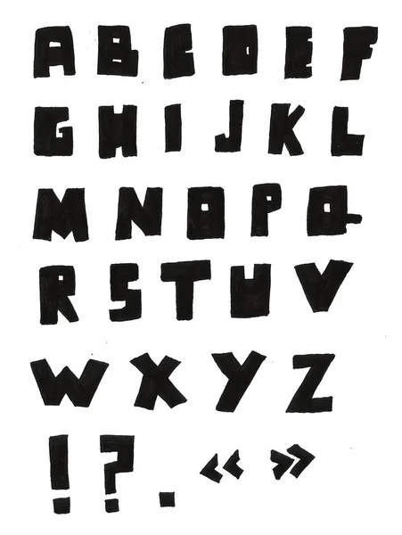 Ręcznie rysowane ABC litery, izolowane na białym tle. Ręcznie rysowane pisma odręcznego, funky i grunge alfabet, graficzny ilustracji rastrowych. Zarysowany, właz po stronie cienia, za pomocą punktowanie i linii — Zdjęcie stockowe