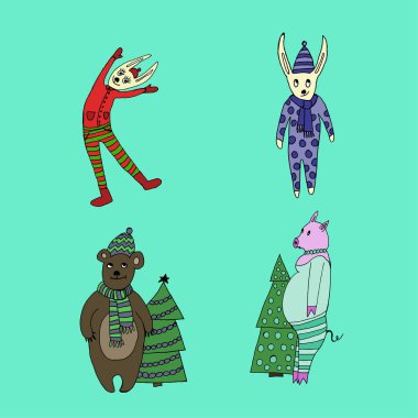 2020 Mutlu Yıllar. Sevimli küçük karikatür oyuncaklar seti. Yeni yıl ve Noel karakterleri. Tebrik kartları, takvimler, baskılar için Noel hayvanları basit bir illüstrasyon. Vektör çizimi