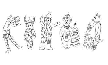 2020 Mutlu Yıllar. Sevimli küçük karikatür oyuncaklar seti. Yeni yıl ve Noel karakterleri. Tebrik kartları, takvimler, baskılar için Noel hayvanları basit bir illüstrasyon. Vektör çizimi