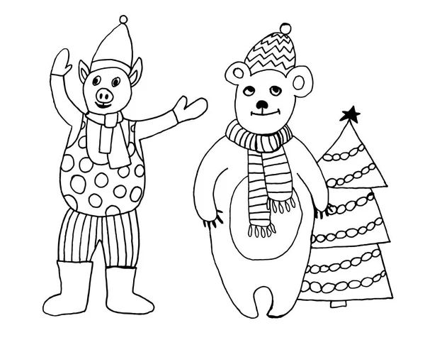 2020新年快乐。一套可爱的小卡通玩具。新年和圣诞节的人物。圣诞动物简单的插图贺卡，日历，印刷品。矢量插图 — 图库矢量图片