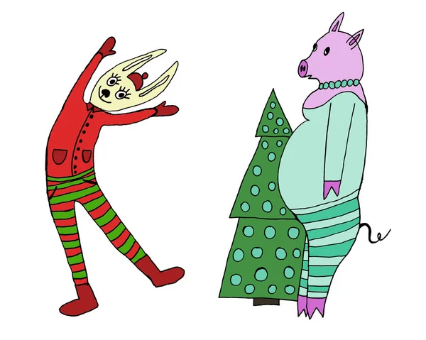 2020 з новим роком. Набір симпатичні маленькі іграшки мультфільм. Новорічні та різдвяні персонажі. Різдвяні тварини проста ілюстрація для вітальних листівок, календарів, відбитків. Векторна ілюстрація — стоковий вектор