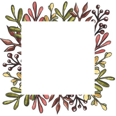 Sarı ve kırmızı sonbahar yaprakları suluboya illüstrasyon, Huş yaprakları, dağ külü, akçaağaç, meşe. meşe palamudu, kestane ve fındık. izole nesneler güzel çerçeve kümesi