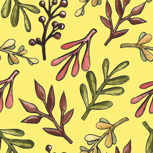 Ilustração aquarela de folhas de outono amarelas e vermelhas, folhas de vidoeiro, cinza de montanha, bordo, carvalho. bolotas, castanhas e nozes. Padrão sem costura, conjunto de objetos isolados — Fotografia de Stock