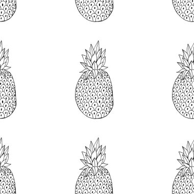 Yaprak simgesi ile ananas. Tropikal meyve beyaz arka plan üzerinde izole. Gıda sembolü, tatlı, egzotik ve yaz, vitamin, sağlıklı. Doğa logotatlısı. Kusursuz desen. Vektör çizimi