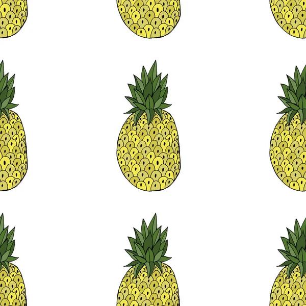 Piña con icono de hoja. Frutos tropicales aislados sobre fondo blanco. Símbolo de comida, dulce, exótica y veraniega, vitamina, saludable. Postre del logotipo de la naturaleza. Patrón sin costuras. Ilustración vectorial — Vector de stock