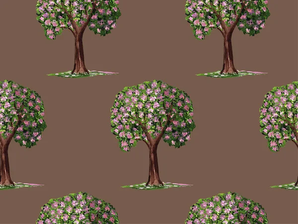 ●手描き水彩リンゴの木イラスト。夏、秋、収穫。木の上の甘い庭の果物。シームレスなパターン — ストック写真