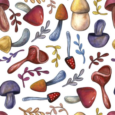 Hand-drawn watercolor seamless pattern of the different autumn fall mushrooms and leaves. Repeated natural background with mushrooms