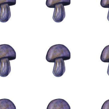 Hand-drawn watercolor seamless pattern of the different autumn fall mushrooms and leaves. Repeated natural background with mushrooms