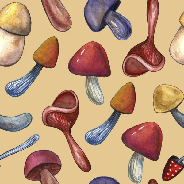 Hand-drawn watercolor seamless pattern of the different autumn fall mushrooms and leaves. Repeated natural background with mushrooms — Stockfoto