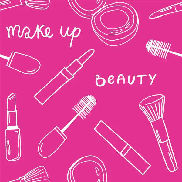 Outils cosmétiques dessinés à la main. Contexte de cosmétologie. Produits de beauté isolés. Cosmétiques pour le visage. Maquillage. Du rouge à lèvres. Frappe aux yeux. Mascara. Brosse. Illustration vectorielle glamour. Pack de maquillage design. Produits de toilette. — Image vectorielle