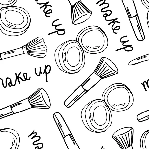 Outils cosmétiques dessinés à la main. Contexte de cosmétologie. Produits de beauté isolés. Cosmétiques pour le visage. Maquillage. Du rouge à lèvres. Frappe aux yeux. Mascara. Brosse. Illustration vectorielle glamour. Pack de maquillage design. Produits de toilette. — Image vectorielle