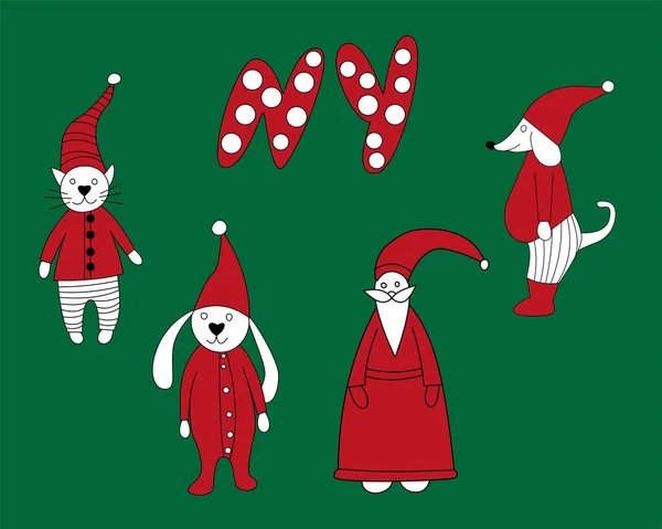 Handgezeichnetes Weihnachtskritzelset mit Baum, Kuscheltieren, Haustieren, Sternenelementen. Winter- und Urlaubsthemen widersprechen. Vektorillustration. — Stockvektor