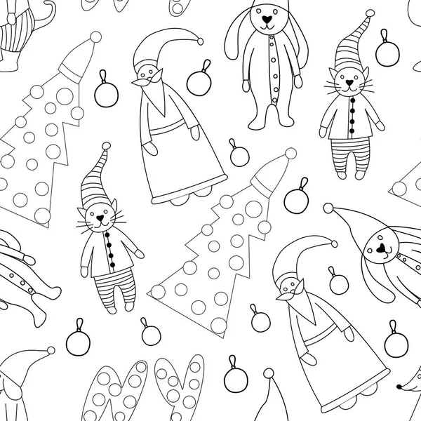 Doodle Feliz Natal desenhado à mão conjunto com árvore, animais de brinquedo, animais de estimação, elementos de estrela. Inverno e feriado temas objeto. Ilustração vetorial . — Vetor de Stock