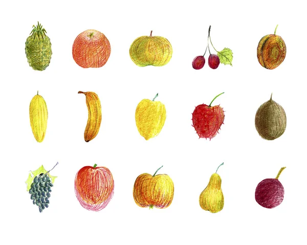 Акварель старомодний набір з червоними яблуками, бананами, грушами, вишнями яскраві фрукти, повні ізольовані на фоні. Літо, урожай, соковитий — стокове фото